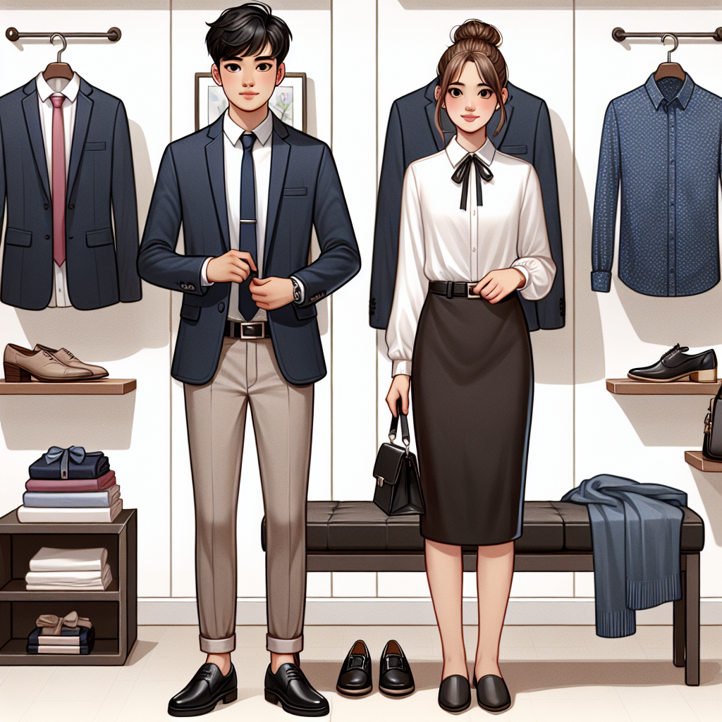 A scene inside a clothing store with teenagers trying on professional yet fashionable attires suitable for job interviews. On the left, an Asian male teen fitting a navy blue blazer over a crisp white shirt with matching trousers. On the right, there's a Hispanic female tucking a fashionable blouse into a pencil skirt. Accessories such as ties, belts, and small handbags are also visible. Displays of shoes suitable for interviews such as loafers for men and kitten heels for women are at the back. Both teens appear confident and comfortable in their chosen outfits.