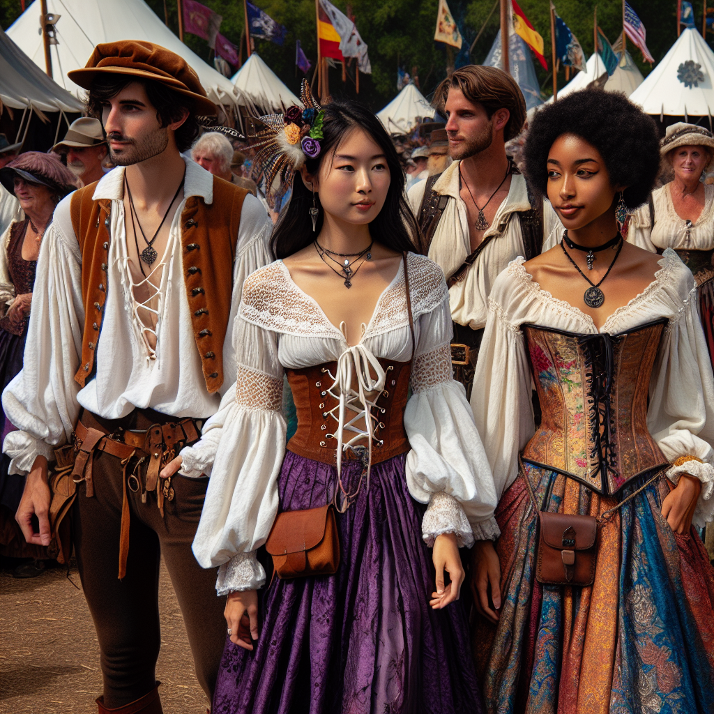 Renaissance Festival Style: Stunning, Effortless Outfits The scene is vibrant, teeming with diverse attendees at a Renaissance Festival. A woman of South Asian descent gracefully dons a white lace-up blouse with wide sleeves, paired with a flowing skirt in hues of purple. A Caucasian man, on the other hand, sports a poet shirt, leather vest, and brown breeches. An Afro-Caribbean woman showcases a richly colored velvet bodice over a long brocade skirt.Each of them also wear some rustic accessories like leather pouches, feathered hats, and simple jewelry. All outfits reflect historical accuracy as well as a whimsical aesthetic.