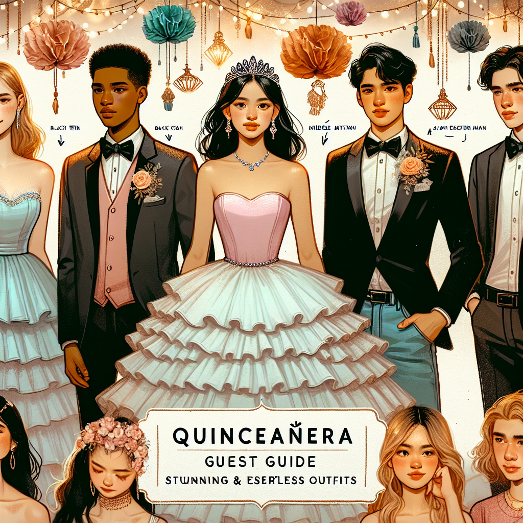Quinceañera Guest Guide: Stunning & Effortless Outfits A detailed guidebook cover showcasing various outfits suitable for a Quinceañera party. Portray a Hispanic young woman wearing a pastel ruffled gown, a Black male teen in formal attire - dark suit and bow tie, an Asian woman in a cocktail dress, and a Middle Eastern man in a neat casual outfit. Also include an overlay of text saying 'Quinceañera Guest Guide: Stunning & Effortless Outfits'. The background should exude a festive, warm atmosphere with elements such as hanging paper flowers and fairy lights.