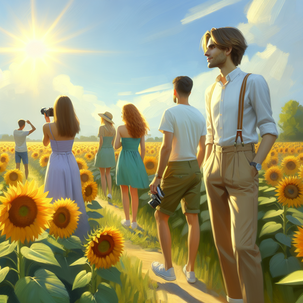 What Colors to Wear in a Sunflower Field: Exclusive Guide Paint a serene sunflower field during a bright summer afternoon, filled with towering sunflower plants and vibrant yellow petals. There's a group of people present, exploring the field and capturing memories. A Caucasian woman is wearing a light lavender dress, a Middle-Eastern man on her side is wearing khaki chinos coupled with a white shirt, and a Black woman in the distance is wearing a turquoise summer dress. They all create a beautiful contrast with the vivid yellow sunflowers around them.