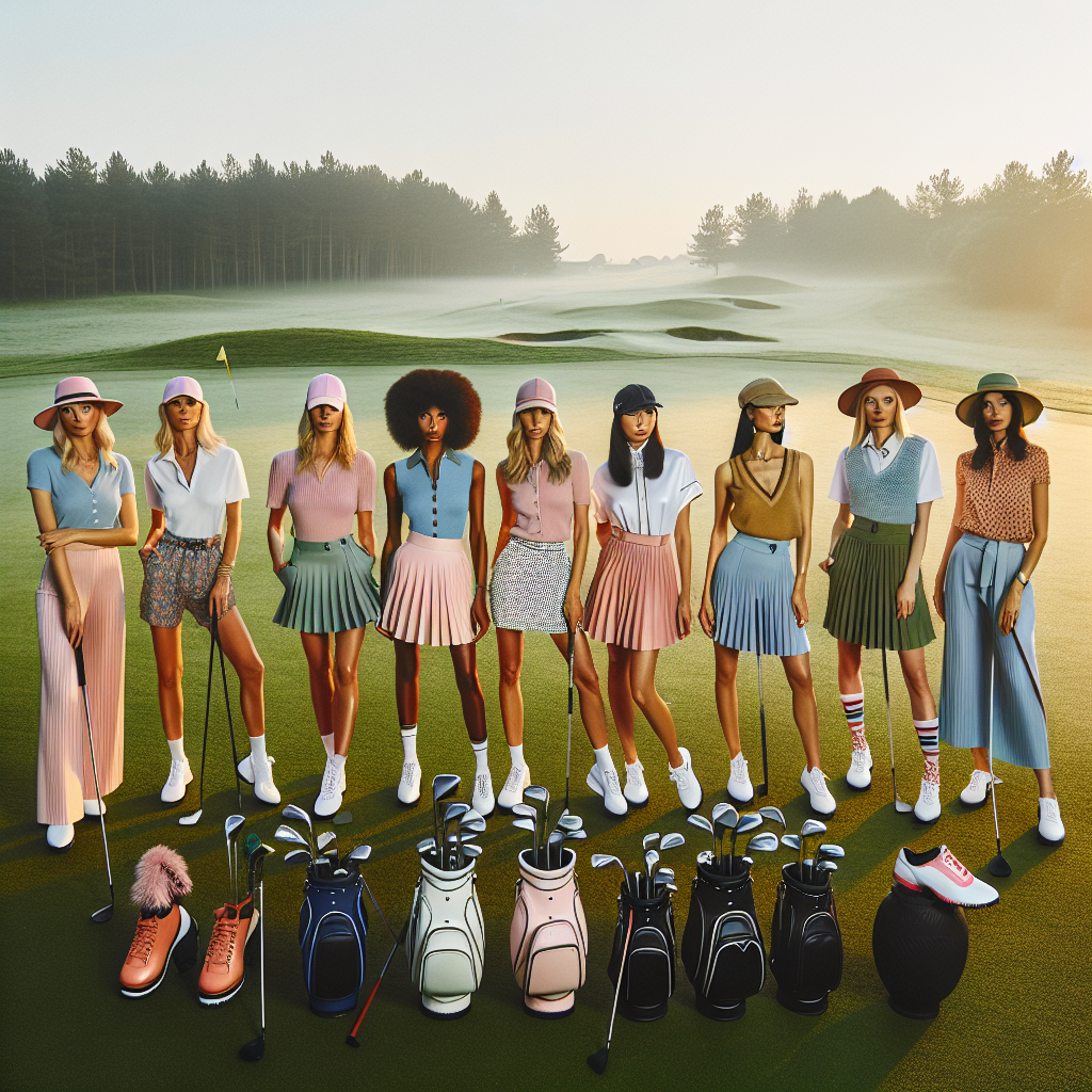 Must-Have Golf Outfits for Stylish Women A group of fashion-forward women of all types, including Caucasian, Hispanic, Black, Middle-Eastern, and South Asian stand on a lush green golf course at dawn. Each is wearing a stylish and trendy golf outfit perfect for a sunny day on the fairway. The outfits range from classic fit-and-flare skirts in pastel colors to modern athletic attire in bold patterns. Alongside these women, lay a variety of golf accessories like colorful caps, gloves, and shoes, all essential parts of a complete golf wardrobe. Their golf clubs add sparkle to this fashionable, sporty scene.
