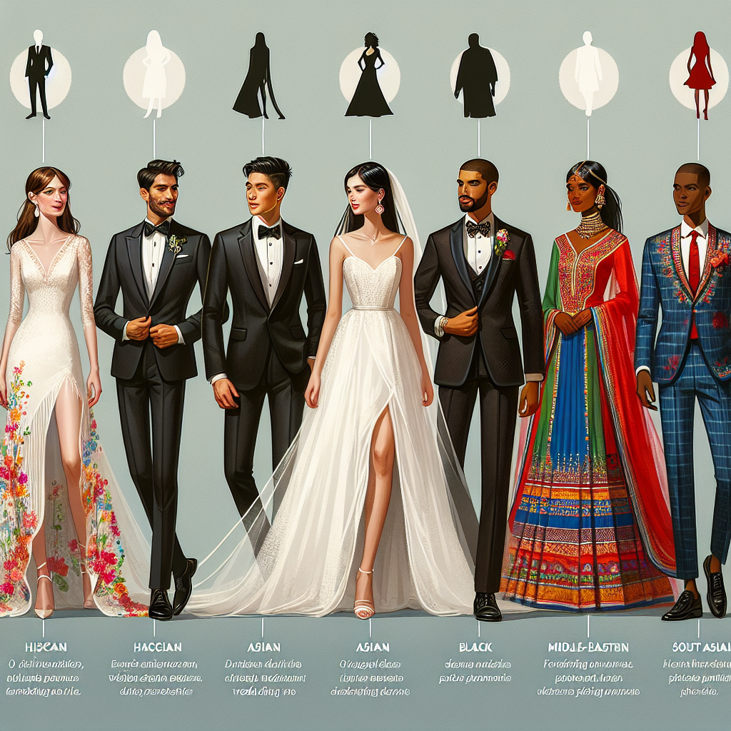 Wedding Attire Guide: Discover Your Must-Have Look Visualize an informative guide which unveils essential wedding outfit styles. Picture a collage of six individuals, each depicting a unique wedding attire. A Caucasian woman in a modern white bridal gown with a flowing veil, an Asian man in a black, classic tuxedo with a bow tie, a Hispanic woman in a colorful, traditional wedding dress, a Middle-Eastern man in a sleek suit with a red tie, a Black woman in a chic bridal suit, and a South Asian man in a vibrant sherwani. Accentuate the image with text annotations describing the attire characteristics and style notes.