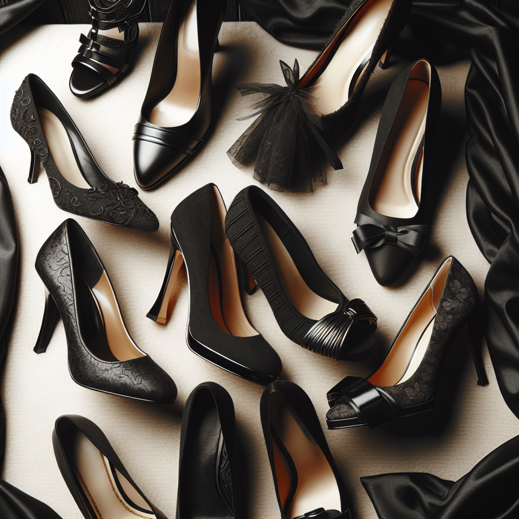 Must-Have Heels for Black Dress at Funerals Showcase an array of at least four different types of heels that can elegantly complement a black dress typically worn at funerals. The varieties can range from a classy stiletto to a comfortable block heel. The heels should be preferably in darker shades to match the solemnity of the occasion. Each shoe should be distinct, possibly differ in designs, patterns, and materials. They should be placed in such a way as to highlight their unique features, all arrayed on a backdrop of a soft, folded black fabric, symbolizing a black dress at a funeral.