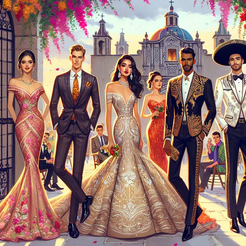 Stunning Outfits for a Wedding in Mexico: Effortless Style Illustrate an elegant scene of a diverse group of individuals at a traditional Mexican wedding, adorned in beautiful and stylish wedding attires. Show a South-Asian woman in a richly embellished gown, a Middle-Eastern man in a fitted suit paired with a vibrant tie, a Black woman in a dazzling cocktail dress, and a White man in a classic charro suit. The backdrop should reflect the charm of an ancient Mexican church, with the vibrant bougainvillea blooming on the walls and the sky painted with hues of a setting sun.