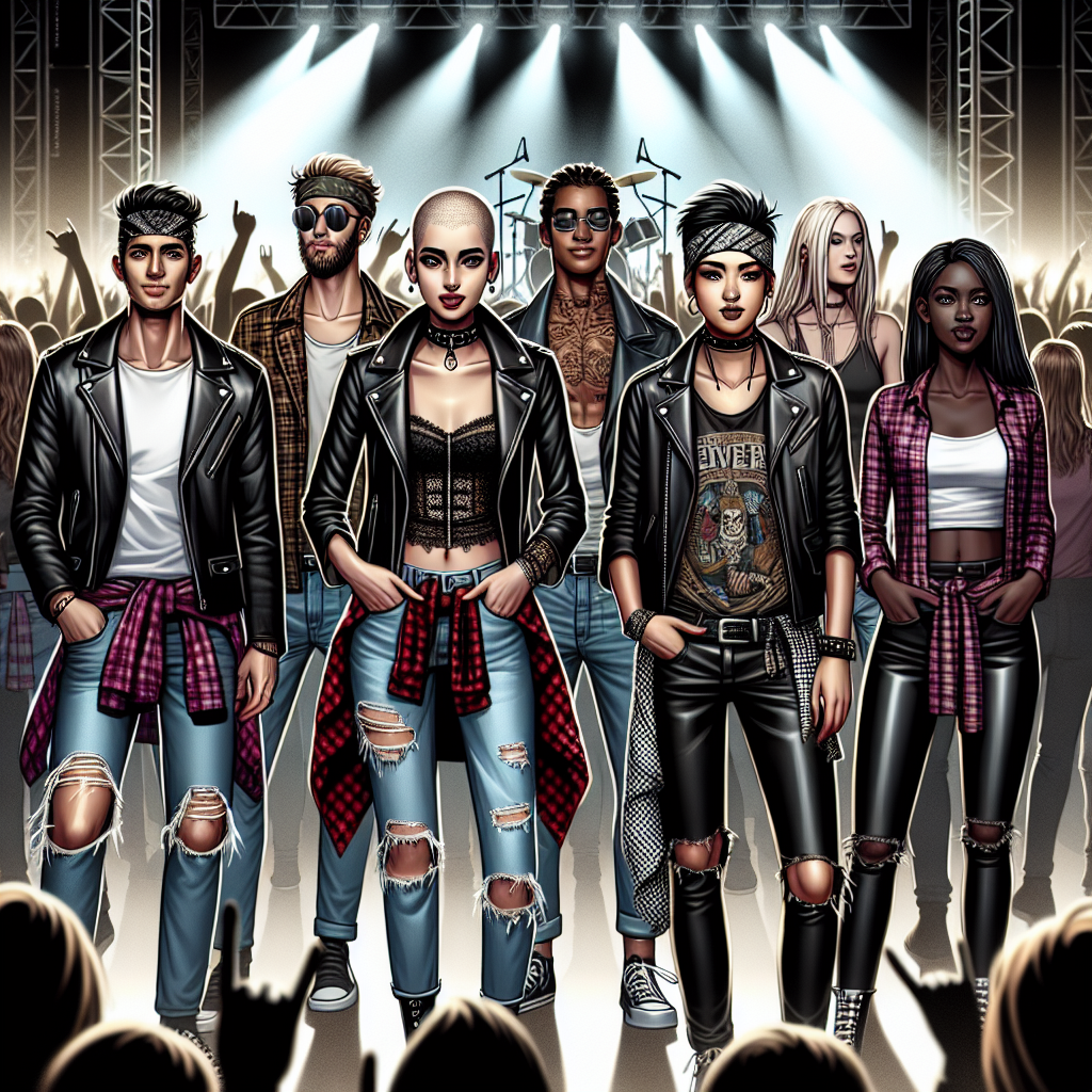 Rock Concert Style Guide: Effortless, Stunning Looks Depict a lively and stylish rock concert scene. A crowd of different genders and descents enjoying the music. In the foreground, focus on various individuals who embody the rock style guide. A South Asian woman with a bleached mohawk in a leather jacket, a Hispanic man in ripped jeans and band t-shirt, a black woman in a plaid flannel shirt layered over a graphic tee, and a Caucasian man in black skinny jeans and bandana. Have the stage in the background with bright lights and the band, hidden in shadows to emphasize the audience's outfits.