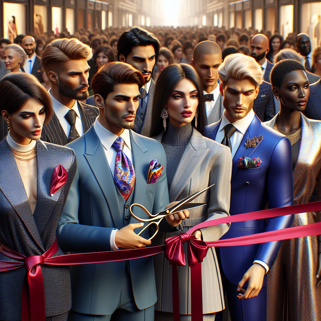 Visualize an array of diverse men and women engaged in a ribbon-cutting ceremony, stylishly dressed in chic outfits. Picture a South Asian man in a tailored suit with a vibrant lapel ribbon, a Hispanic woman wearing a sleek power suit with a silk scarf, a Middle-Eastern woman adorned in a beautifully pearled dress with a large ceremonial scissors, and a black man in a royal blue tuxedo holding the ends of a crimson ribbon. Their clothing should reflect an effortless elegance, encapsulating the beauty of contemporary fashion design, echoed by the grandeur of the bustling scene behind them.