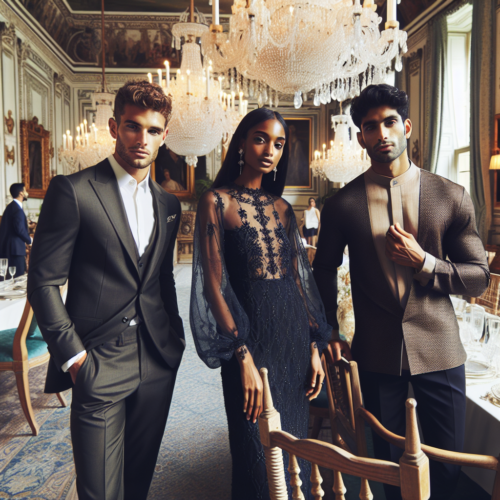 Depict a group of three friends, each with different descents - one being Middle-Eastern male, another a Black female, and the third a South Asian male. They are inside a regal dining hall adorned with crystal chandeliers and antique furniture. They exhibit effortlessly chic attire perfect for a stunning rehearsal dinner. The Middle-Eastern man wears a perfectly tailored suit, the Black woman sports an elegant evening gown, and the South Asian man adorns a stylish kurta and trousers. There's a buzz of conversation, and everyone appears comfortable and at ease.