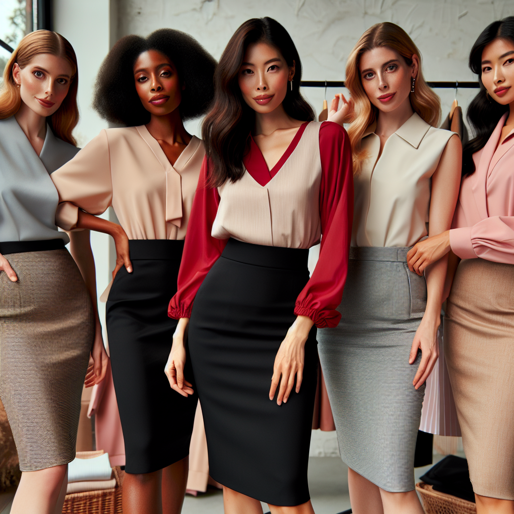 Stunning Outfits for Pencil Skirts: Find Your Match! An inclusive fashion showcase featuring diverse women posing in coordinated outfits with pencil skirts. Showcase a Hispanic woman wearing a black, high-waisted pencil skirt with a red tucked-in blouse, a black, South Asian woman in a beige pencil skirt paired with a pastel pink shirt, and a white woman modeling a gray pencil skirt worn together with a matching blazer. All looking confident and stylish, set in an art-deco styled retail store with clothing racks and accessories around.