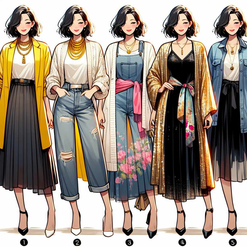 A fashion-themed composition featuring five different outfits layered over a classic black dress. The first outfit should be a bright yellow blazer paired with a chunky gold necklace, suitable for a professional South Asian woman. The second one should illustrate a comfy white cardigan combined with a silver locket worn by a middle-aged Caucasian woman. The third outfit could display a denim jacket and a colorful scarf sported by a young Hispanic woman, perfect for a casual outing. The fourth outfit might show a sparkling sequin bolero worn by a Black woman, suitable for a formal event. Finally, the fifth outfit should exhibit a lightweight silk kimono with a waist tie-off draped on an East Asian woman, radiating a relaxed, homey vibe. Additionally, give each woman a unique hairstyle and assume the dress is knee-length with a round neckline.