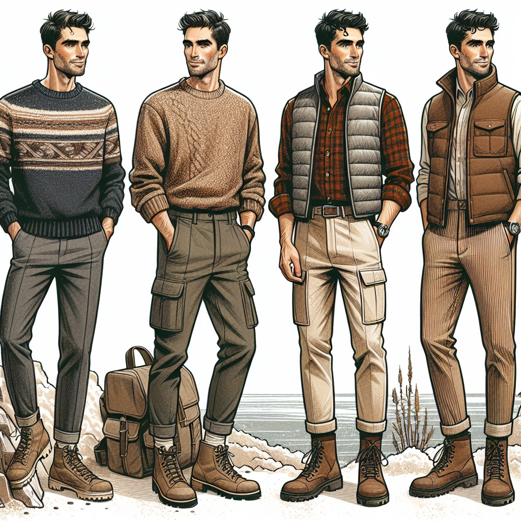 What to Wear for a Date Men: Stunning Salt Cave Outfits A series of detailed illustrations showcasing fashionable outfits for men going on a date in a salt cave. The first image should present a casual Caucasian man wearing a comfortable layered ensemble with a cozy knitted sweater, trendy jeans, and sturdy boots perfect for the rough terrain. The second image features a stylish Hispanic man dressed in a rugged yet chic outfit with a warm flannel shirt, cargo trousers, and hiking shoes. The third illustration should depict a smartly dressed Black man in a refined outdoor vest, corduroy pants, and casual leather shoes, all suited for the unique atmosphere of a salt cave date.