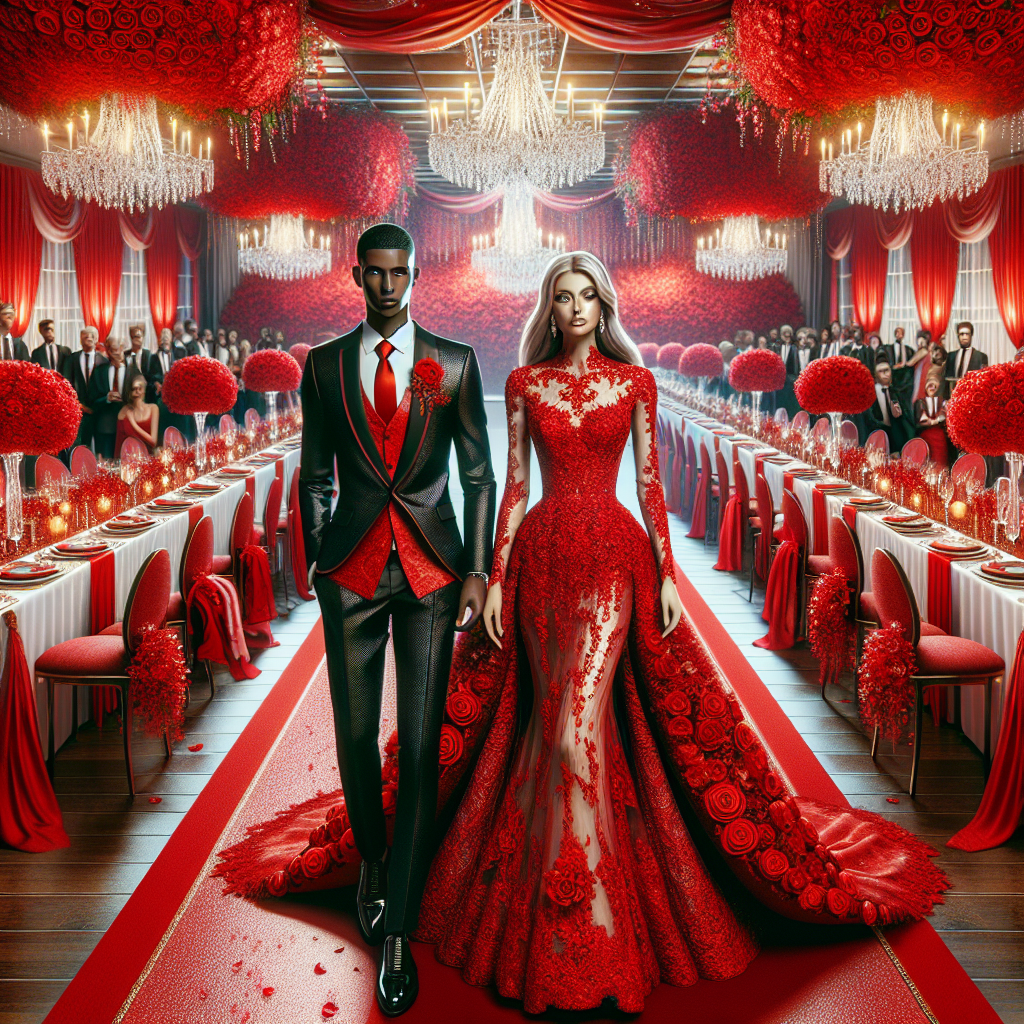 Imagine a resplendent wedding scene, where the theme colour is vibrant red. Visualize a stunning bride, of white descent wearing an intricate dress of red lace. A groom, of Black descent, wearing a sleek suit, adorned with a radiant red tie, emanates trendsetting style. The banquet hall is beautifully adorned with red roses on the tables, drapery and chandelier. The guests wearing fashionable attire in varying hues of red, creating a sea of crimson elegance. A red carpet provides a path for the newlyweds, signifying their journey in love and style.