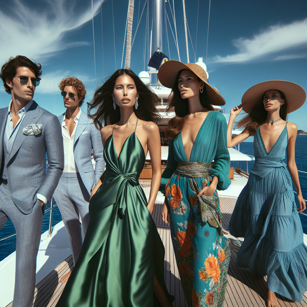 Mediterranean Cruise Outfits: Must-Have Elegant Styles A sunny day on a luxury yacht in the Mediterranean sea. A diverse group of people reflects their individual style with their elegant cruise outfits: a Middle-Eastern woman wearing a floor-length emerald green silk gown; a Caucasian man in a casual but classy light blue linen suit; and a Hispanic woman flaunting a stylish wide-brimmed hat with her vibrant, floral maxi dress. Behind them, the crystal blue water complements the image.