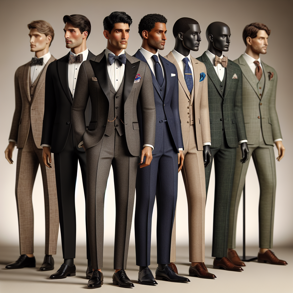Must-Have Styles: What to Wear to a Wedding for Men An assortment of men's wedding attire expressing different styles. A tall Middle-Eastern man in a traditional black tuxedo complemented by a bow tie. A Hispanic man donning an elegant navy blue suit with a matching tie. A South Asian man in a stylish three-piece gray suit with a vibrant colored tie. A black man wearing a beige linen suit perfect for beach weddings. Lastly, a Caucasian man in a green tweed suit giving a vintage vibe. These representations of wedding attire are poised in a line on a mannequin against a neutral background.