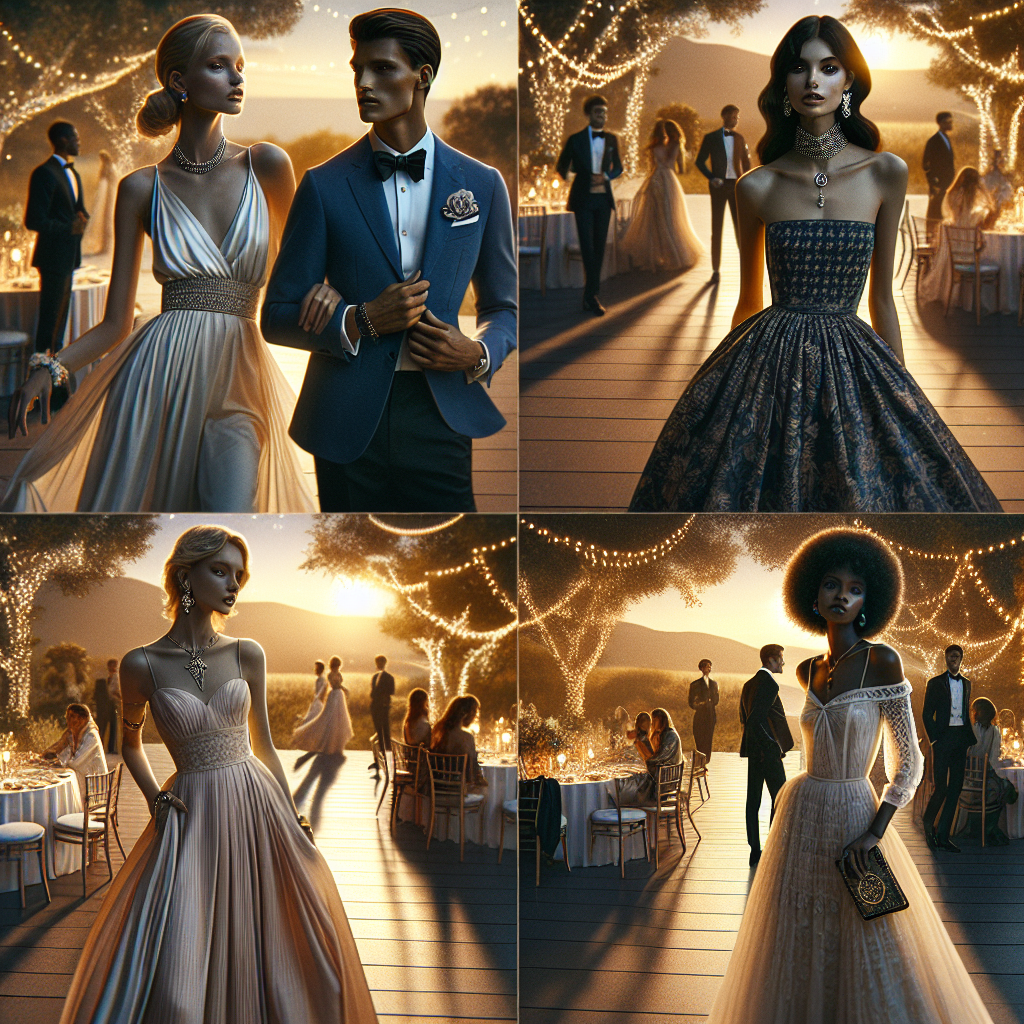 Create an image showcasing an outdoor summer ball setting at twilight. The scene includes four people of different descents such as Caucasian, Black, Hispanic, and South Asian who are dressed in elegant summer ball outfits. The attire includes flowing chiffon dresses, silk ties, and lightweight suits. Accessories include statement jewelry, designer watches, and decorative corsages. The ambiance is further enhanced with a dance floor lightly dusted by sunlight, dazzling string lights coiled around nearby trees, and distant sounds of soft music.