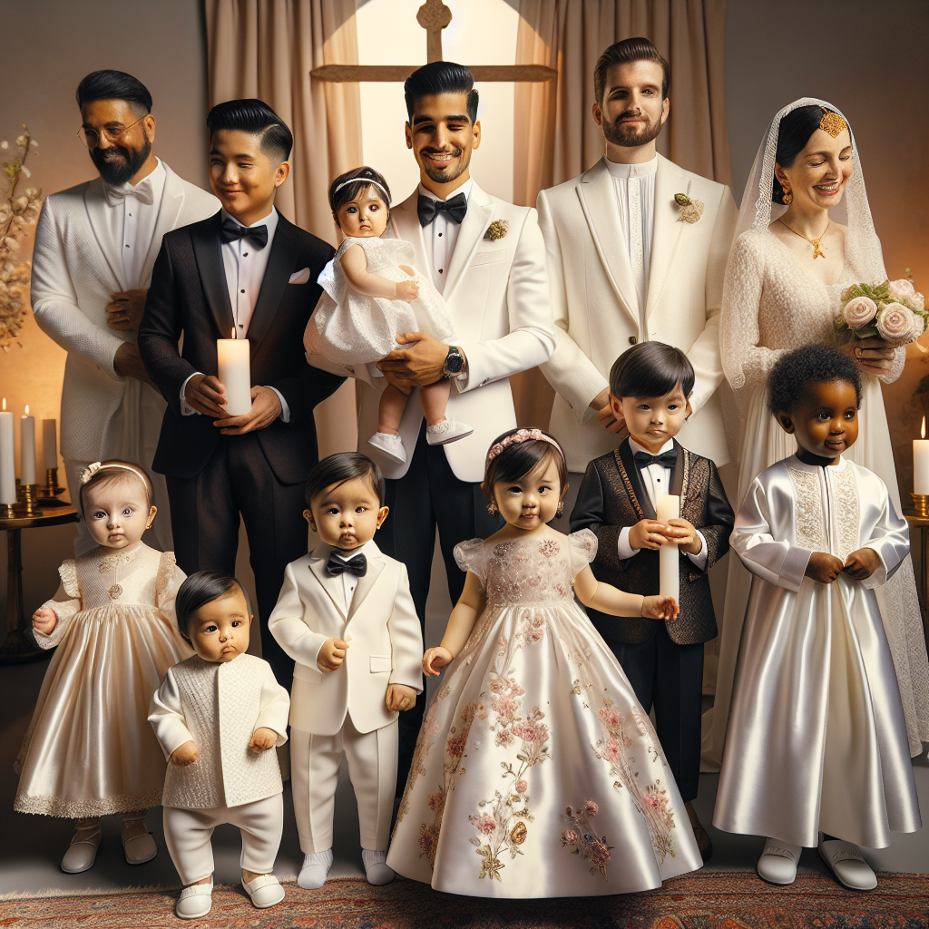 A diverse collection of baptism outfits. See an Asian toddler wearing an elegant white tuxedo, standing next to a Black infant in a delicate floral dress. Nearby is a Middle-Eastern baby draped in beautifully embellished white satin gown. You also spot a South-Asian toddler clad in a traditional white kurta. Their parents, a mix of men and women from different descents, stand proudly behind them, holding baptism candles. In the backdrop, there's a soft-lit, tastefully decorated setting adding a timeless charm to the ensemble. Witness this beautiful spectacle and find your perfect match!