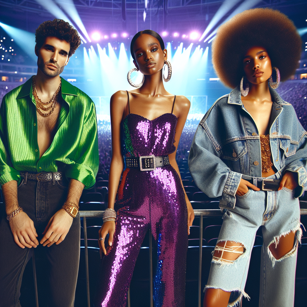 Stunning R&B Concert Outfits: Must-Have Looks! Imagine yourself at a R&B concert in an arena, bathed in the violet and blue stage lights. Capture a scene with three stylish people showcasing their must-have concert outfits. The first person, a Middle Eastern man, is wearing a neon green linen button-up with paired black skinny jeans and chunky gold accessories. The second person, a Caucasian woman, stands out in a sequined purple jumpsuit with silver hoop earrings. The third person, a Black woman, exudes cool vibes in a classic denim jacket, vibrant red off-shoulder top, and distressed jeans, rocking a voluminous Afro hairstyle.