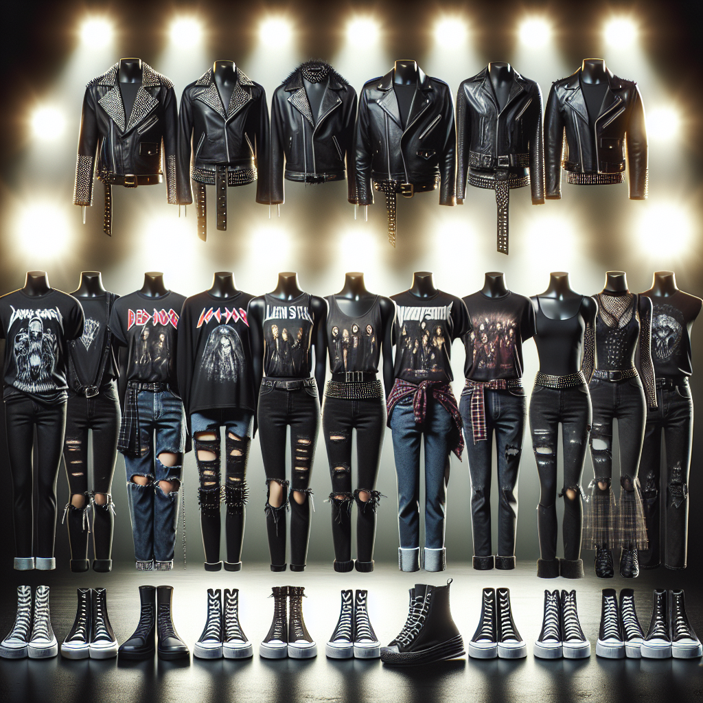 Create a motivational image displaying an array of effortlessly cool and stunning outfits suitable for a heavy metal concert. The outfits should include a combination of black leather jackets, distressed jeans, band-themed t-shirts, studded accessories, and high-top sneakers. The outfits should reflect unique styles suitable for a variety of individuals, showcasing diversity in gender (men, women, and non-binary) and descent (Caucasian, Hispanic, Black, Middle-Eastern, South Asian). Also, include diverse body types, creating inclusivity. All under glowing stage lights, creating an aura of anticipation for the high-energy concert ambiance.