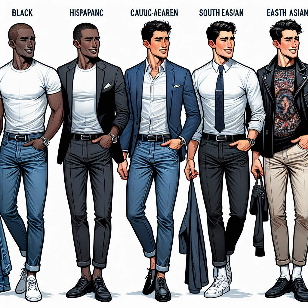 Must-Have Styles for Men's First Date: Look Your Best! An illustrative fashion guide depicting six different men of varying descents, such as Black, Hispanic, Caucasian, Middle-Eastern, South Asian, and East Asian, getting ready for their first date. They are all in the process of choosing outfits from their wardrobes, which consist of an array of must-have styles such as a basic white t-shirt paired with denim, a smart-casual blazer over a polo shirt, a sleek black turtleneck sweater, a pair of tailored trousers with a crisp button-down shirt, a cool leather jacket with a graphic tee, and a pair of clean white sneakers.