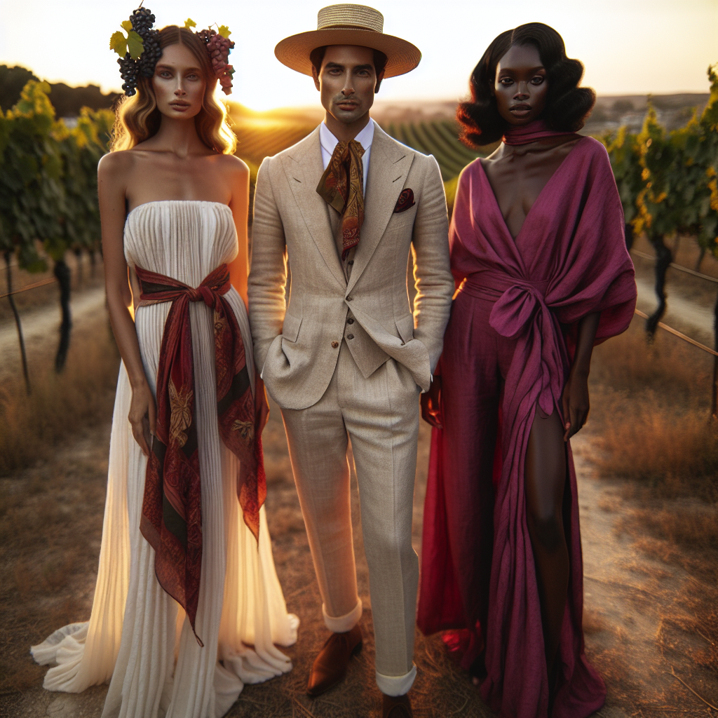 A symphony of colors and elegance &ndash; envision an open-air vineyard concert. A group of three people stand out with their stunning outfits. Firstly, a Caucasian woman in an elegant, long flowing white sundress, her hair decorated with fresh grapevines. Next to her, a South Asian man in a timeless tailored beige linen suit, paired with a classic straw fedora. Completing the trio, a Black woman shines in a gorgeous magenta jumpsuit with a long, draped scarf. The setting sun in the background adds to the charm, casting a soft golden glow over the vineyard.