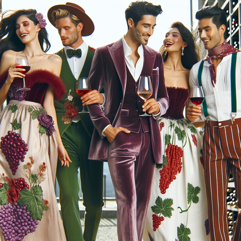 Stunning Outfits for Wine Festivals: Must-Have Style! Visualize a setting of a festive wine festival. Imagine a mixture of individuals showcasing different stunning outfits inspired by the theme of wine. A Caucasian woman in an elegant burgundy gown with floral accents, holding a glass of sparkling rosé. A Hispanic man dressed in a stylish suit ensemble in shades of earthy vineyard greens, carrying a bottle of exquisite red wine. Two friends, one Black woman, one South Asian man, the woman dressed in a chic purple velvet jumpsuit, the man in a white linen shirt paired with grape-colored chinos while sharing a moment of laughter. Their outfits embody the joy and convivial atmosphere of the wine festival.
