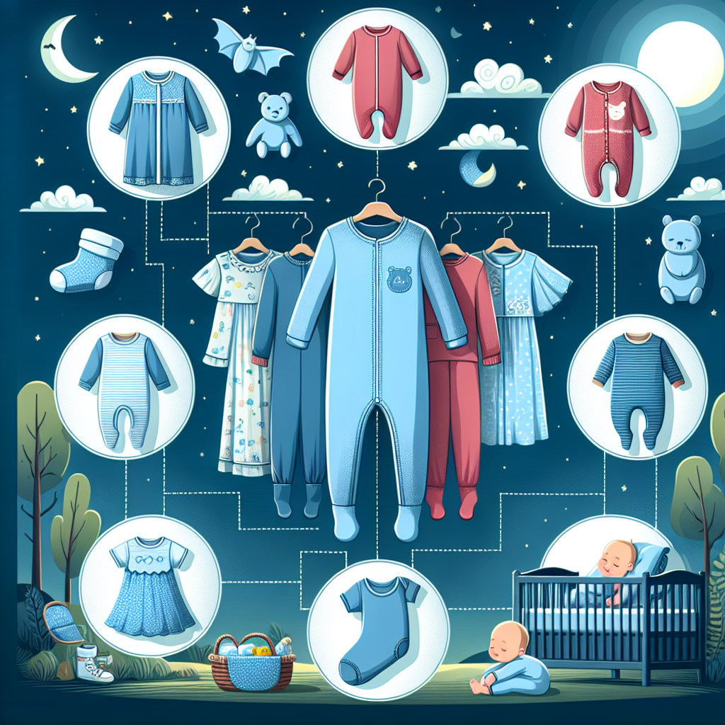 Visualize a detailed, well-organized guide about baby sleepwear. The guide should contain various types of baby sleep garments such as pajamas, nightgowns, sleep sacks, or footed onesies. Showcase the sleepwear made of different materials like cotton, fleece, or bamboo fabric. Represent a variety of designs, patterns, and colors suitable for babies of different age groups. It should illustrate how they're put on the baby with ease. Depict different scenarios like a warm summer night, a cold winter evening or a cool spring dusk illustrating the appropriate sleepwear choices. In the background, have a peaceful, moonlit, nighttime setting hinting at a restful sleep for the baby.