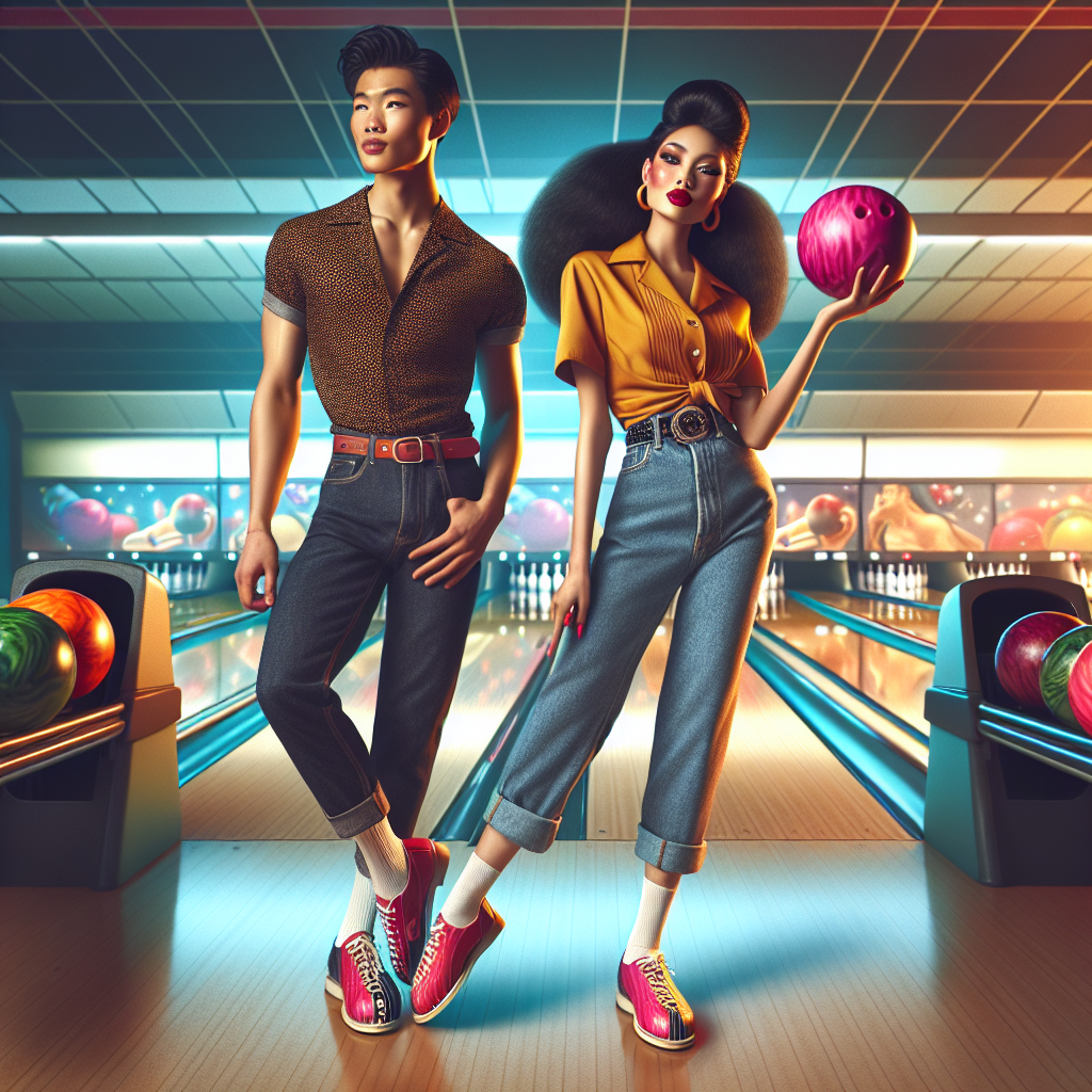 Perfect Outfits for a Bowling Date: Stylish & Fun Imagine a lively bowling alley bursting with energy. In this scene, there are two fashionable individuals ready for a bowling date. The first person, an athletic Asian man, is exuding style with his bright red bowling shoes, paired with dark wash jeans and a trendy graphic tee. The second person, a glamorous Black woman, sports a retro-inspired look. Her outfit consists of a bright yellow bowling shirt, vintage high-waisted jeans, and pink bowling shoes. They're both holding colorful bowling balls, their faces flushed with excitement, making them the center of attention on this fun date!