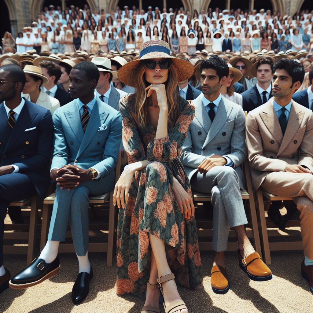 Picture an outdoor setting during the day where a graduation ceremony is happening. A crowd of people around the stage area are seated, all attending as guests. A woman of Caucasian descent wearing a sophisticated floral print dress, a straw hat, and wedge sandals is in focus. In the same view, an African American man dressed in a sharp double-breasted blazer over a pastel shirt with chinos and loafers, a Hispanic woman in a draped maxi dress with a statement necklace, while a Middle Eastern man sports a summer suit with loafers. All outfits exemplify stylish and appropriate outfit choices for such occasion.