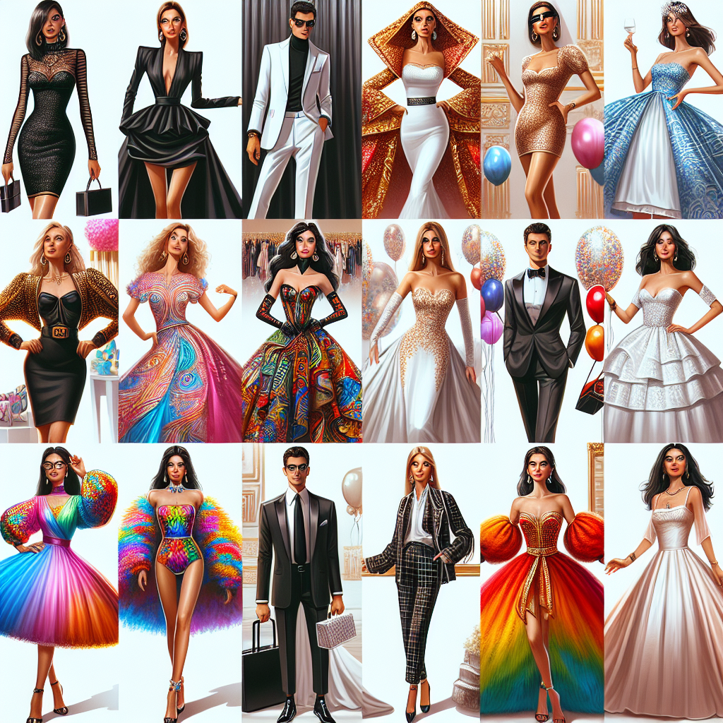 Stunning Outfits for Life Celebrations: What to Wear Show a fashion collage, featuring a variety of stunning outfits suitable for different life celebrations. Include a stylish black dress for a prestigious award ceremony, a dynamic suit for a corporate event, a flamboyant brightly-colored ensemble for a birthday party, an elegant white gown for a wedding ceremony, and a comfortable, yet chic attire for a baby shower. Each outfit is worn by a diverse set of individuals with a Hispanic woman in the black dress, a Caucasian man in the suit, a Middle-Eastern woman in the colorful ensemble, a Black woman in the white gown, and a South Asian woman in the baby shower attire.