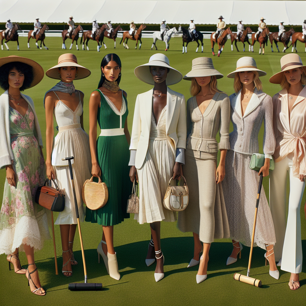 An image capturing the essence of a polo match with the key emphasis on women's fashion. Picture a serene, green polo field in the background with a group of women elegantly dressed in polo match outfits. Each woman is of different descent: Black, Hispanic, Middle-Eastern, South Asian, and Caucasian. Their outfits vary in style, color, and accessories but maintain a common thread of effortless class and style, embodying distinct charisma and sophistication. Include stylish sun hats, light summer dresses, elegant pantsuits, and classic polo shirts all tastefully paired with appropriate shoes and accessories. The environment is sunny, expressing a joyful daytime atmosphere.