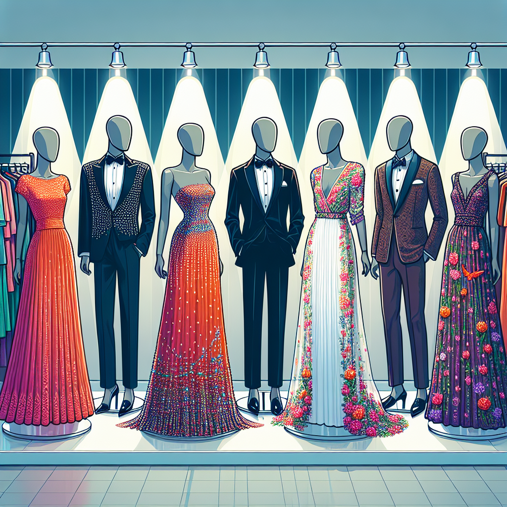 What to Wear at a Celebration: Find Your Perfect Outfit Visualize a fashion boutique showcasing a collection of celebratory outfits. On one mannequin, display a vibrant, beaded evening dress, perfect for an elegant black-tie event - perhaps a Middle Eastern woman's attire. On another, present a smart, tailored tuxedo, suitable for a classy soirée - a typical outfit a Black man would wear. Lastly, exhibit a vibrant, floral maxi dress, an ideal outfit for an outdoor party, often sported by a White woman. Make sure to capture the excitement and versatility of styles, colors, and types of celebrations.