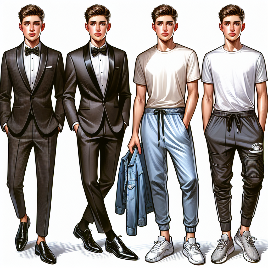 A detailed fashion guide to effortless, must-have outfits for a young Caucasian male celebrating their sweet 16. First, showcase a sleek, modern tuxedo with a black bow tie and polished shoes. Then, display a trendy, laid-back outfit with designer jeans, a stylish cotton t-shirt, and the latest sneakers. Finally, present a sport-chic look with athletic wear that's trendy, not overly casual, like joggers, a crisp white polo, and sporty shoes. Weave the concept of youth, style, and fashion into the visuals. Please ensure all clothing items are clear, vivid and appealing. 