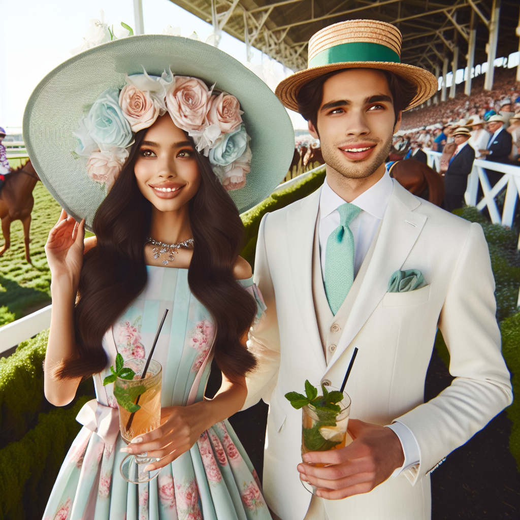 Stunning Kentucky Derby Outfits for Your First Date! A scene at a sunny daytime Kentucky Derby. Captured in the foreground, a young couple dressed in elegant attire suitable for a first date at such an event. The woman, of South-Asian descent, dons a flamboyant wide-brimmed flower-laden hat paired with a graceful pastel-colored knee-length sundress. Her companion, a Middle-Eastern man, in a crisply tailored white suit paired with a stylish mint color tie. He's wearing a classic straw boater hat. They radiate excitement and anticipation, holding two mint julep cocktails, while marveling at the crowd and racing horses in the background.