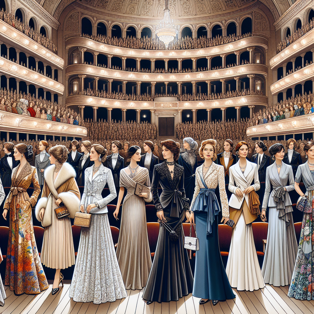 Stunning Outfits for Women at Classical Concerts A detailed visual interpretation of a variety of stunning outfits for women at classical concerts. The setting is a grand concert hall with a large stage and ornate surroundings. The attendees include women with different descents such as Caucasian, Black, Hispanic, and South Asian. Each woman is adorned with a unique and beautifully designed outfit suitable for a classical concert. The outfits range from elegant gowns in luxurious fabrics, to sophisticated pant suits in muted tones. They are complemented by tastefully chosen accessories like delicate jewelry, designer purses and formal shoes. The atmosphere in the hall is lively, reflecting the anticipation and excitement of the event.