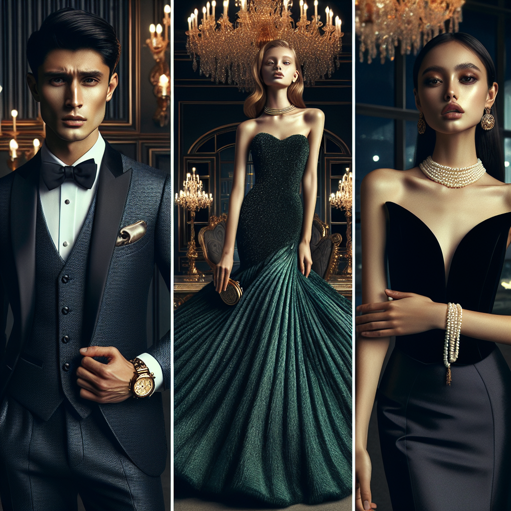 Formal Event Fashion: Stunning & Effortless Style Tips Visualize an elegant, black-tie formal event. The image should be a creative composite of three different style concepts. The first, a South Asian man, suited up in a stunning custom-tailored three-piece suit, holding a statement gold pocket watch. In the second, a Caucasian woman attired in a captivating emerald-green gown, flowing swan-like, accentuated by pearl jewelry. Third, a Middle-Eastern man showcasing effortless style in a sleek, satin, no-tie sleek tuxedo, looking confidently into the distance. Spare some focus on well-tailored details, rich fabrics, and sophisticated accessories. The beautiful and grandeur event hall with elegant chandeliers in the background sets the night.