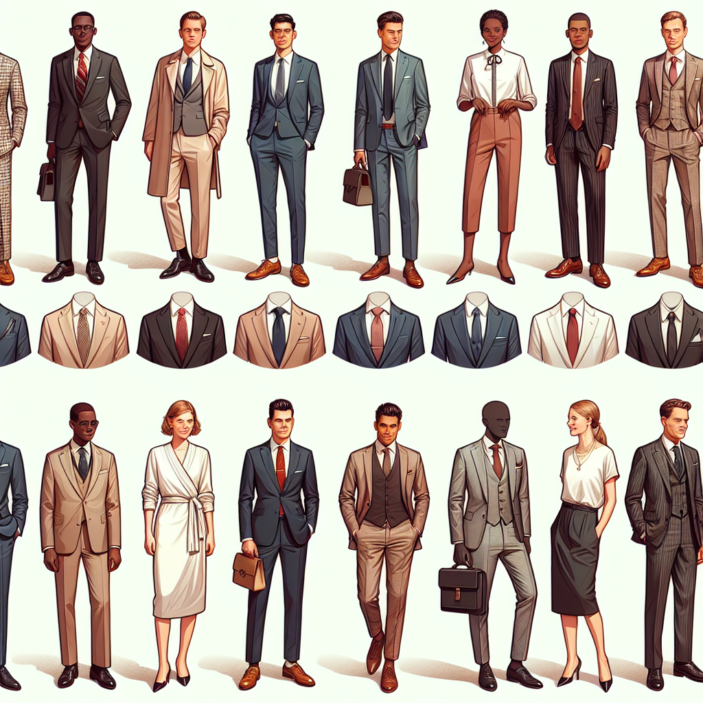 Must-See Outfits for a Court Hearing as a Guest Visualise a wide selection of suitable attire options for attending a court hearing as a spectator, showcasing a blend of formality, respect, and personal style. Include depictions of men and women from various descents such as Caucasian, Hispanic, Black, Middle-Eastern, and South Asian. The men might be seen in well-tailored suits, crisp blouses, matching trousers or chinos, and polished shoes. Women could be seen in elegant dresses, tasteful skirts or trousers, paired with sensible footwear. Each individual's outfit complements their own personal style while also adhering to the respectful dress codes necessary for attending a formal court hearing.