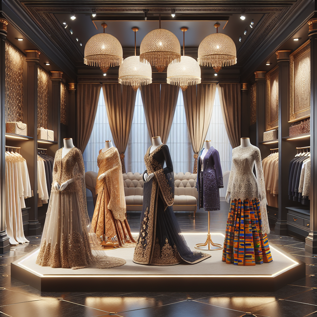 Visualize a luxurious retail environment presenting diverse bridal shower outfits. On one side, display an elegant dress typically worn by a Middle-Eastern bride, featuring intricate gold embroidery. Adjacent, spotlight a South Asian descent bride's saree with vibrant colors and detailed beadwork. On another stand, show a Spanish-style outfit with rich lacework usually preferred by a Hispanic bride. Finally, feature an outfit suitable for a Black bride, reflecting Afrocentric design influences such as kente cloth patterns. Add dimension to the scene with a backdrop of large mirrors, delicate hanging lights, and velvet curtains, all exuding an aura of luxury and opulence.