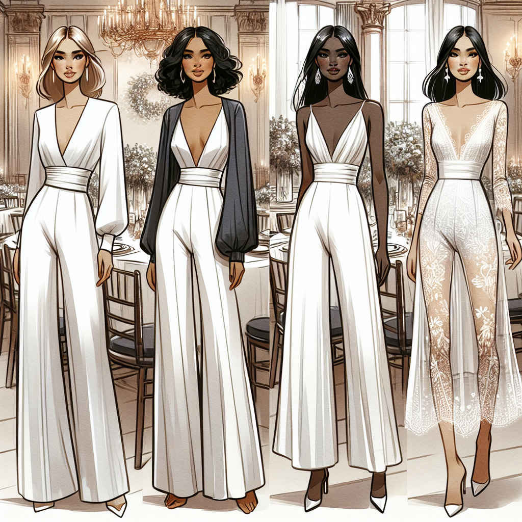 A fashion-focused scene illustrating different stylish wedding jumpsuits. The first design should be a minimalist, yet elegant, all-white jumpsuit with a cinched waist, shoulder pads, and long, flowing legs worn by a Hispanic woman. The second jumpsuit, worn by a Black woman, should reflect contemporary style with a deep V-neck, silk material, and wide-legged silhouette. Lastly, imagine a South Asian woman wearing a lace jumpsuit with a delicate, dainty design. Each jumpsuit should look chic, effortless, and perfect for a modern wedding. In the background, hint at a grand banquet hall decorated elegantly for a wedding ceremony.