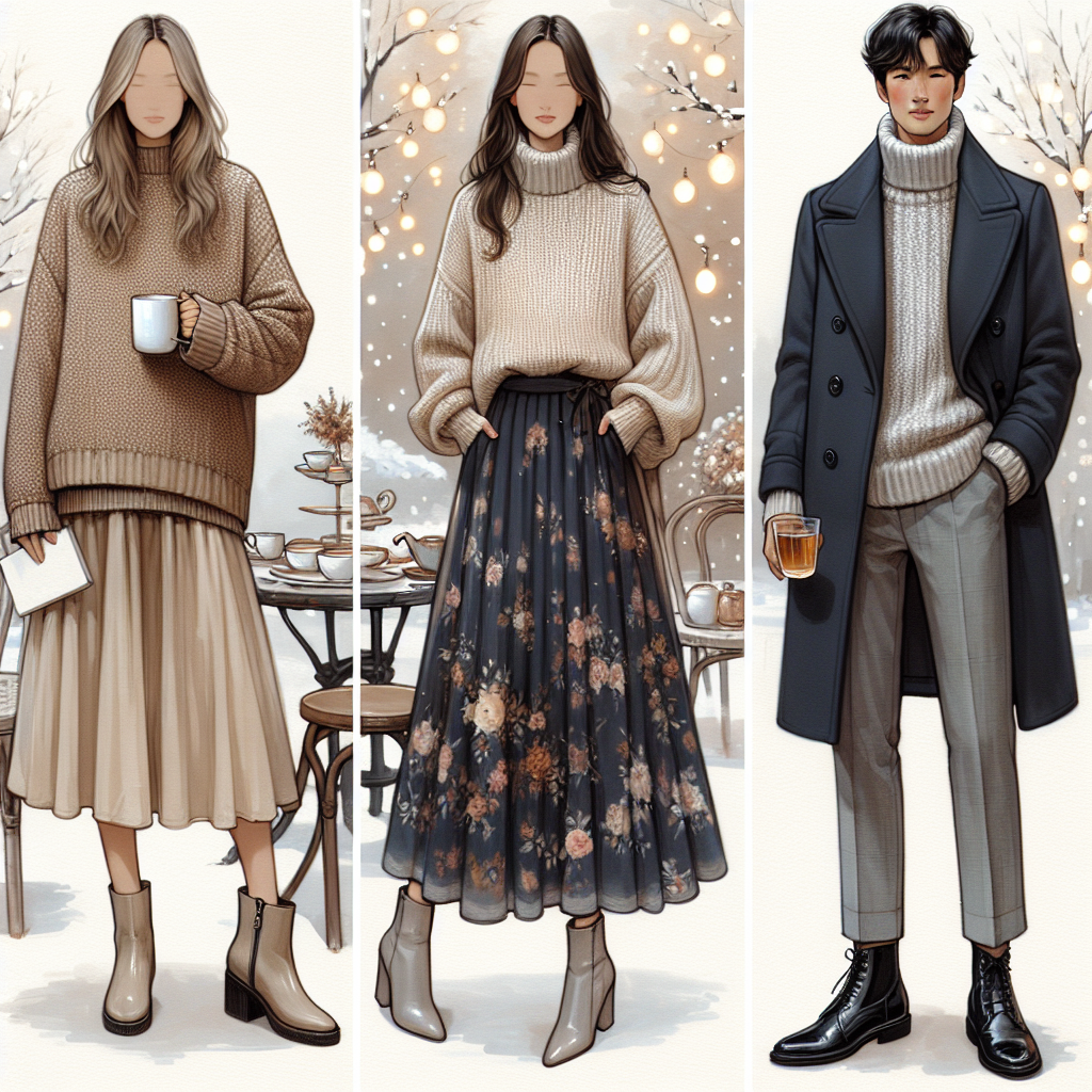 Winter Tea Party Outfits: Stunning, Effortless Styles Visual representation of a variety of winter tea party outfits. Picture one female person of Caucasian descent wearing a chic, effortless style – a warm beige sweater, paired with a long, flowy skirt with floral patterns, and taupe ankle boots. Imagine another person of Asian descent, a man in a light grey turtleneck sweater layered with a navy blue peacoat, combined with dark straight-cut trousers and black leather boots. Include a backdrop of a snowy outdoor setting with white twinkling fairy lights. Both of these participants holding warm cups of tea.