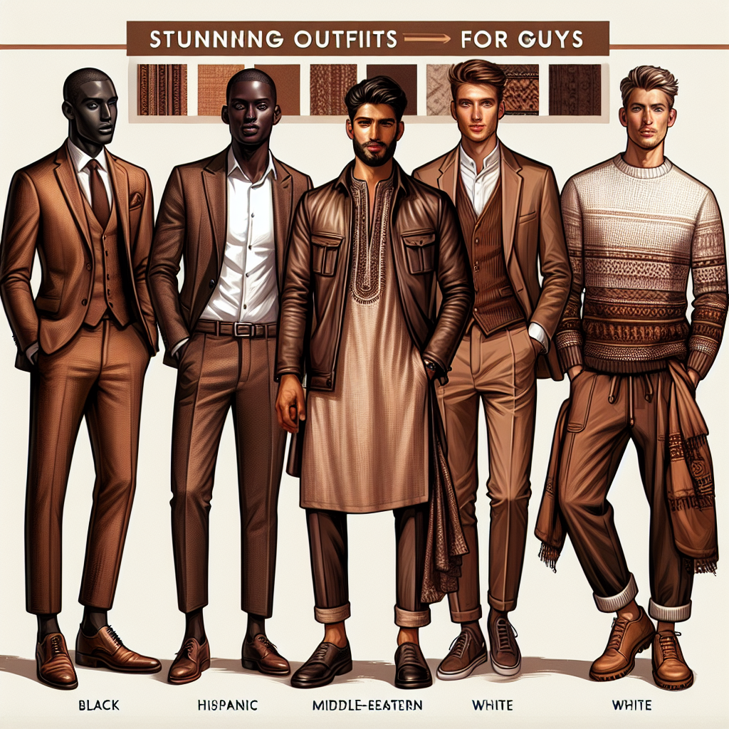 Stunning Outfits for Guys: Match Any Brown Dress Effortlessly Visualize a fashion scene with four men of different descents: one Black, one Hispanic, one Middle-Eastern, and one White. They are all dressed in cutting-edge fashion with different variations of brown outfits. To start with, the Black man is wearing a sharp brown suit with a matching tie and polished shoes. The Hispanic man is donned in a casual chic brown leather jacket with a classy white shirt and jeans. The Middle-Eastern gentleman is draped in a sophisticated brown kurta suit, portraying cultural elegance. Lastly, the white man is clothed in a cozy, earthy toned sweater paired with chinos. Behind them is a banner with the text 'Stunning Outfits for Guys: Match Any Brown Dress Effortlessly.' Showcase the diversity and versatility of brown as a clothing color.