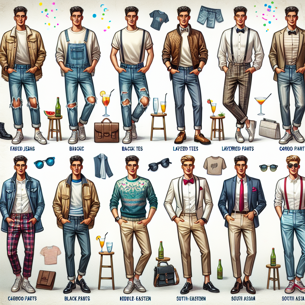 Stunning 2000s Party Outfits for Men: Must-Have Looks Visualize a fashion-forward scene, highlighting popular men's party outfits from the 2000s era. Capture a variety of clothing styles apt for diverse occasions - from casual backyard barbecues to upscale evening events. The image could include but not limited to faded jeans, layered tees, cargo pants, chic blazers, and shiny dress shoes. The models chosen should reflect a diverse array of descents like Caucasian, Hispanic, Black, Middle-Eastern, and South Asian and of varying physiques. Add some nice party elements like confetti, disco lights, or cocktail glasses to enhance the festive atmosphere.