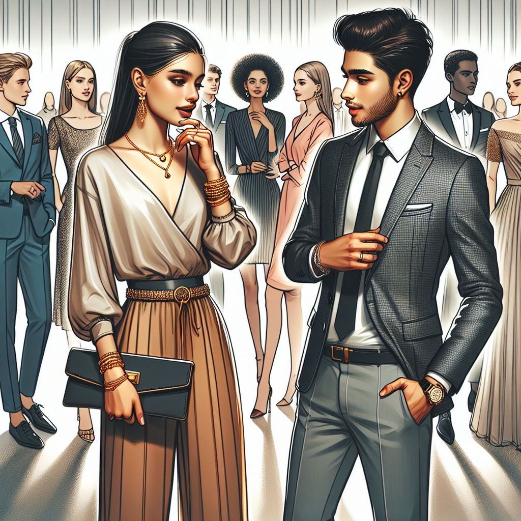 Visualize a variety of stylish and suitable outfit choices for a graduation party. In the foreground, two friends are discussing their outfits. One individual, a young Hispanic woman, is dressed in an elegant jumpsuit with delicate gold jewelry, and she&rsquo;s holding a classy clutch. Standing next to her is a young South Asian man sporting a sharp semi-formal suit paired with a sleek tie. In the background, a diverse group of people can be seen, all dressed in different yet equally fashionable outfits, signifying the endless possibilities of dressing up for such an event.
