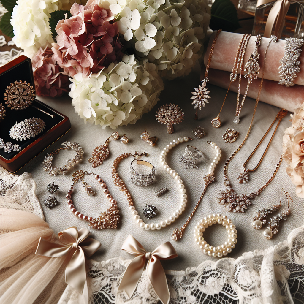 Stunning Jewelry Must-Haves for Bridesmaids Create a detailed and luxurious scene presenting an extraordinary selection of must-have jewelry for bridesmaids. It should include a diverse range of female individuals of various descents such as Black, Asian, Middle-Eastern, and Caucasian. The set should contain charming pearl necklaces, brilliant diamond bracelets, and delicate gold earrings. Everything should be laid out on a lace-covered table beside a bouquet of hydrangeas. The style should reflect elegance, finesse, and celebration to complement the theme of a wedding.