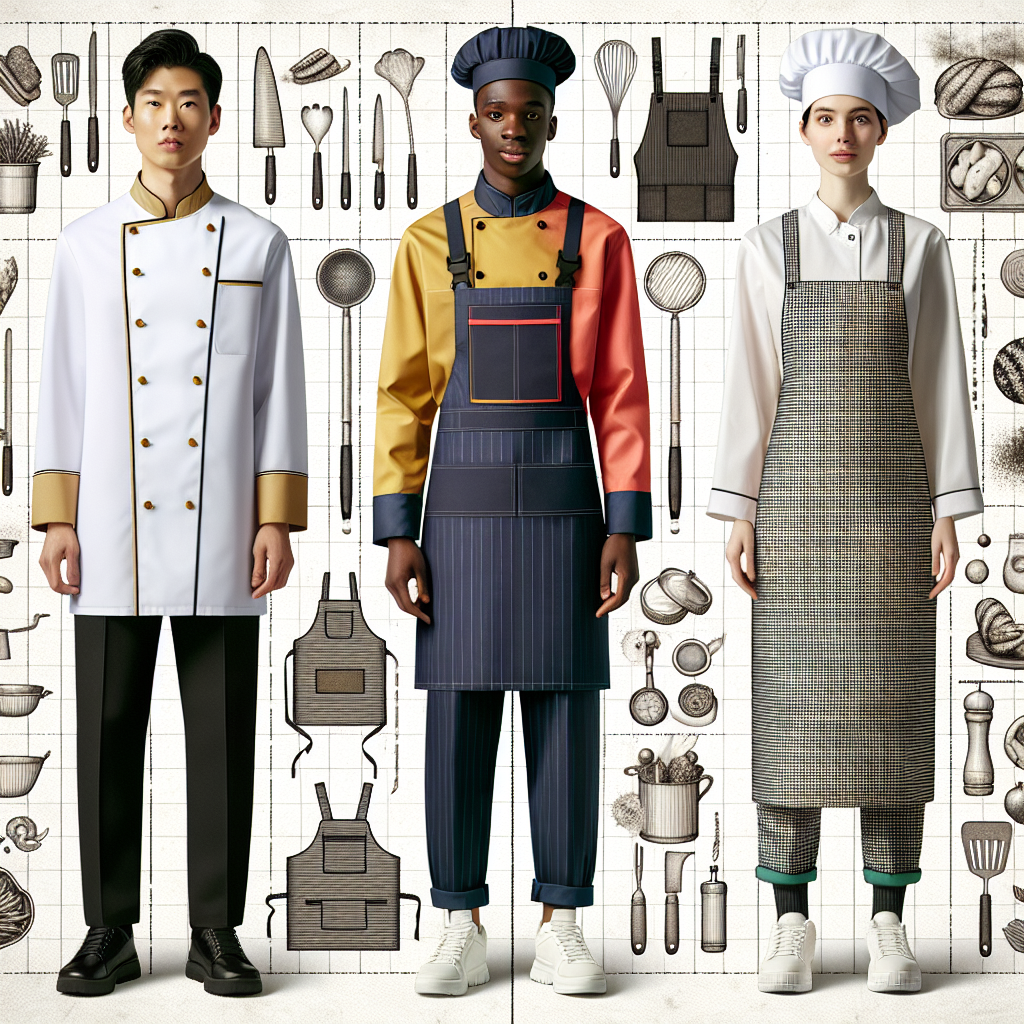 Visualize a detailed collage of safe and stylish outfits ideal for food industry employees. To the left, an Asian male chef adorns a sharp white uniform with a gold button-up jacket and black pants. The central figure is a Black female worker dressed in a vibrant, color-blocked uniform with a utility apron filled with tools. On the right, a Hispanic man in a cosy baker's outfit, complete with a chequered apron and a dusting of flour. Include a background comprised of various kitchen utensils and ingredients, tying the entire image together with a subtle, culinary theme.