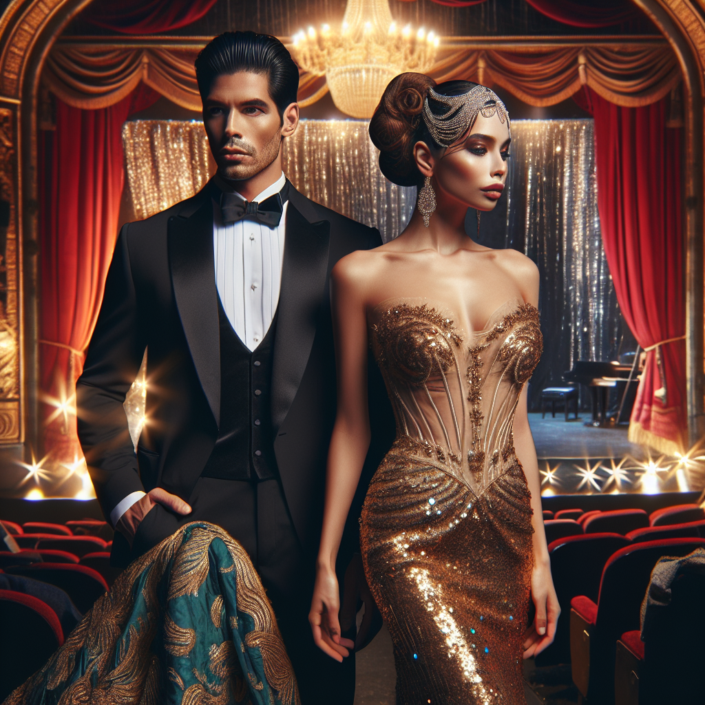 Imagine a glamorous evening at the theatre. The clothes are elegant and sophisticated, perfect for a night on the town. A man in a sleek black tuxedo, his Hispanic features accentuated by the suit's sharp cut, stands alongside a Middle-Eastern woman in a resplendent gold sequined gown, her hair styled in an intricate updo. The backdrop consists of a classic red theatre curtain and a shimmering chandelier. Insert vibrant colors and intricate textures to emphasize the richness of the scene. Add subtle sparkles to the gown and lights for an added touch of glamor.