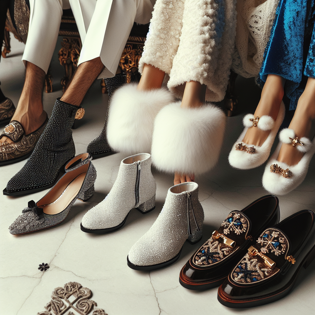 Stunning Shoe Styles for Winter Graduations! A variety of glamorous winter-themed shoes perfectly designed for graduation ceremonies. To the left, a pair of black peep-toe pumps with silver sparkles, giving an iced feel on a solid surface. In the middle, an elegant pair of Caucasian female model's feet clad in white christen boots with fur edges and golden clasps on a soft carpet. To the right side, a pair of wooden almond toe loafers for a South Asian male, adorned with deep blue velvet and adorned with delicate gold snowflakes, on a marble floor. Each pair evokes the spirit of warmth and celebration.