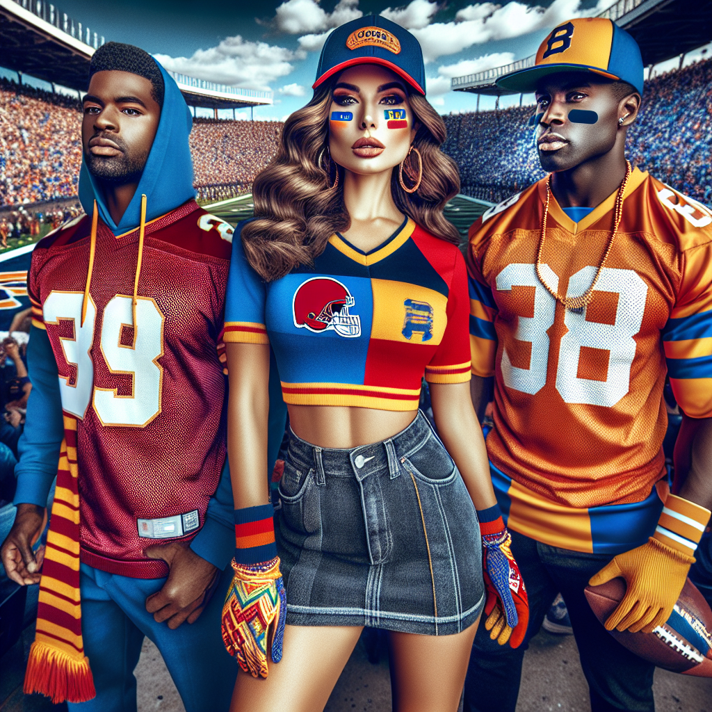 In the center, feature a Hispanic woman, wearing trendy college football-themed attire with bright, bold colors. The outfit should include a jersey, a baseball hat, and possibly face paint in team colors. To her right, a Black man stylishly dressed in football game day ensemble that includes a matching team scarf and gloves. To her left, a Caucasian man sporting an outfit made for football game tailgates, a jersey paired with a bold team-flag cape. The background can be a bustling college football stadium filled with fans, fostering an energetic atmosphere. The image should encapsulate the excitement and communal spirit of college football games.