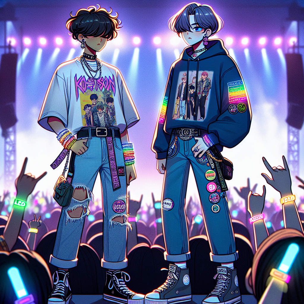 K-Pop Concert Attire: Must-Have Outfits for Trendsetters Depict a scene at a Korean pop concert focusing on the attendee's fashion. Include two fashion-forward young adults, one of Middle Eastern descent with a trendy haircut, sporting oversized graphic tees, distressed jeans, LED bracelets, and funky sneakers. The other South Asian descent individual in an oversized band hoodie, mom jeans, and high-top sneakers, adorned with multiple badges of different K-Pop bands. Illustrate energetic vibe with colorful stage lighting seen in the background, and wristbands illuminating the crowd with a myriad of vibrant hues.