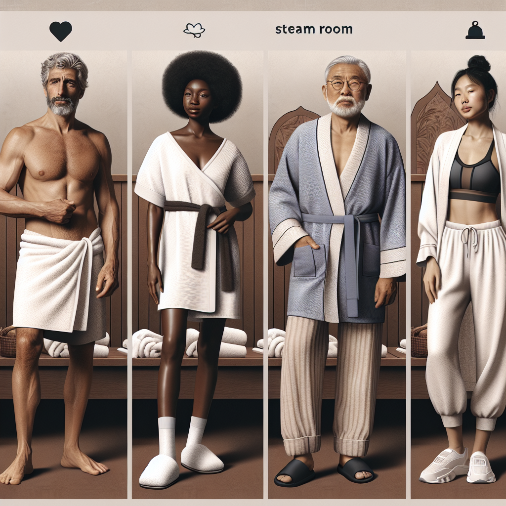 Must-Have Outfits for a Steam Room Visit Create an image that depicts a selection of essential outfits suitable for a steam room visit. Show four different individuals each donning a different style: a middle-aged Caucasian man wearing a towel wrap around his waist, a young Black woman in a cotton spa robe, a South Asian senior male in loose, breathable linen pants, and a young Hispanic female in a moisture-wicking athletic suit. Also, include a background with a hint of luxurious spa ambiance to heighten the relaxation mood.