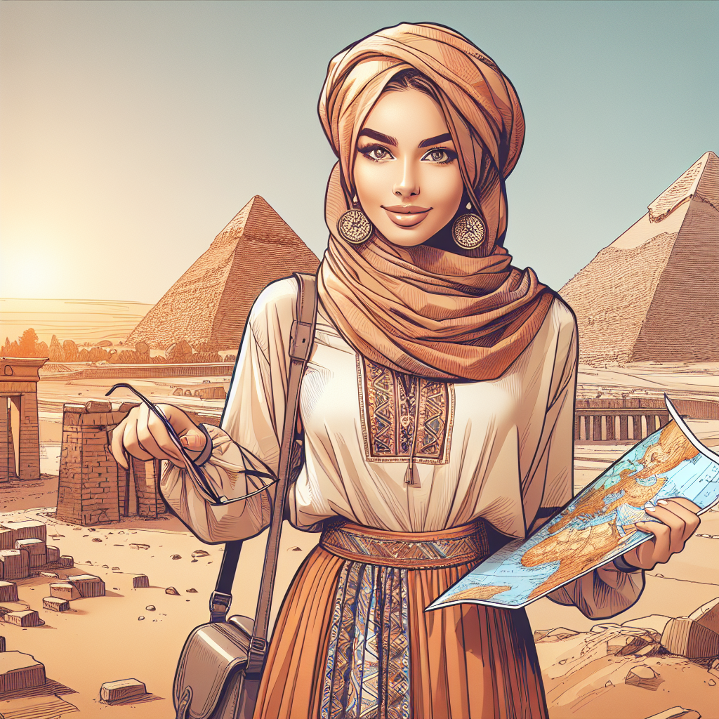 Egypt Dress Code: Must-Have Tips for Female Tourists Picture in vivid detail a Middle-Eastern woman, dressed in an example of appropriate attire for a female tourist in Egypt. This should include a loose, lightweight long-sleeved shirt and long skirt or trousers in earthy colours, suitable for both the warm climate and cultural norms. She is wearing comfortable sandals and her hair is covered with a stylish scarf. In the backdrop, the vast expanse of the Giza Pyramids can be seen, truly embodying the Egyptian atmosphere. The woman is holding a map, indicating the exploratory nature of tourism.