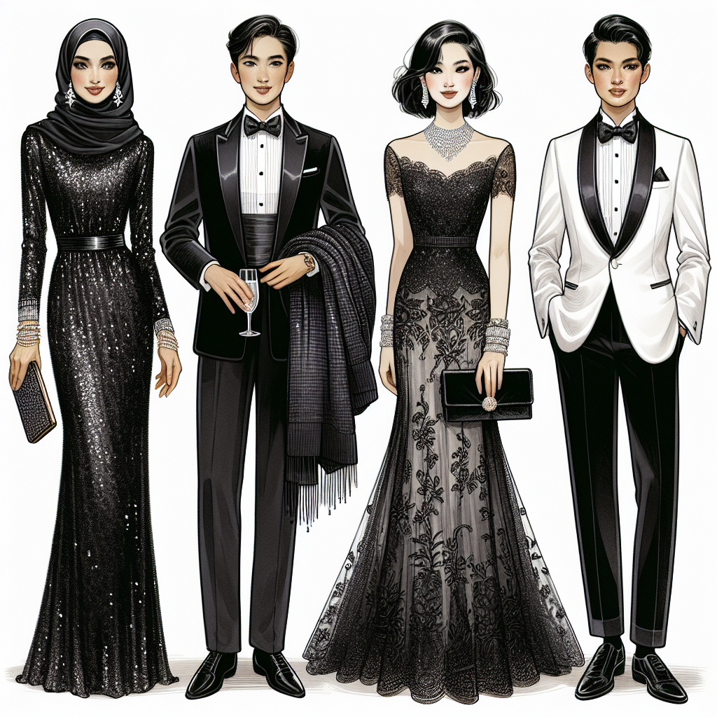 Stunning Black Tie Attire: Effortless Elegance Unveiled A detailed fashion illustration displays various ideas for black-tie attire. The image presents four characters embodying elegance. A Middle-Eastern woman is shown wearing a sophisticated black sequin evening gown, holding a plush velvet clutch. Next to her, an Asian man is dressed in a classic black tuxedo, paired with a white pressed shirt and a black bow tie. Nearby, a Caucasian woman displays a black lace floor-length dress complemented by intricate diamond jewelry. Lastly, a South Asian man is donned in a contrasting white dinner jacket, black trousers, and an official black bow tie. All four characters embody timeless elegance.